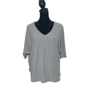 Chicos 2 Striped Minimalist Top Gray White Nautical Cotton Size L Relaxed Preppy